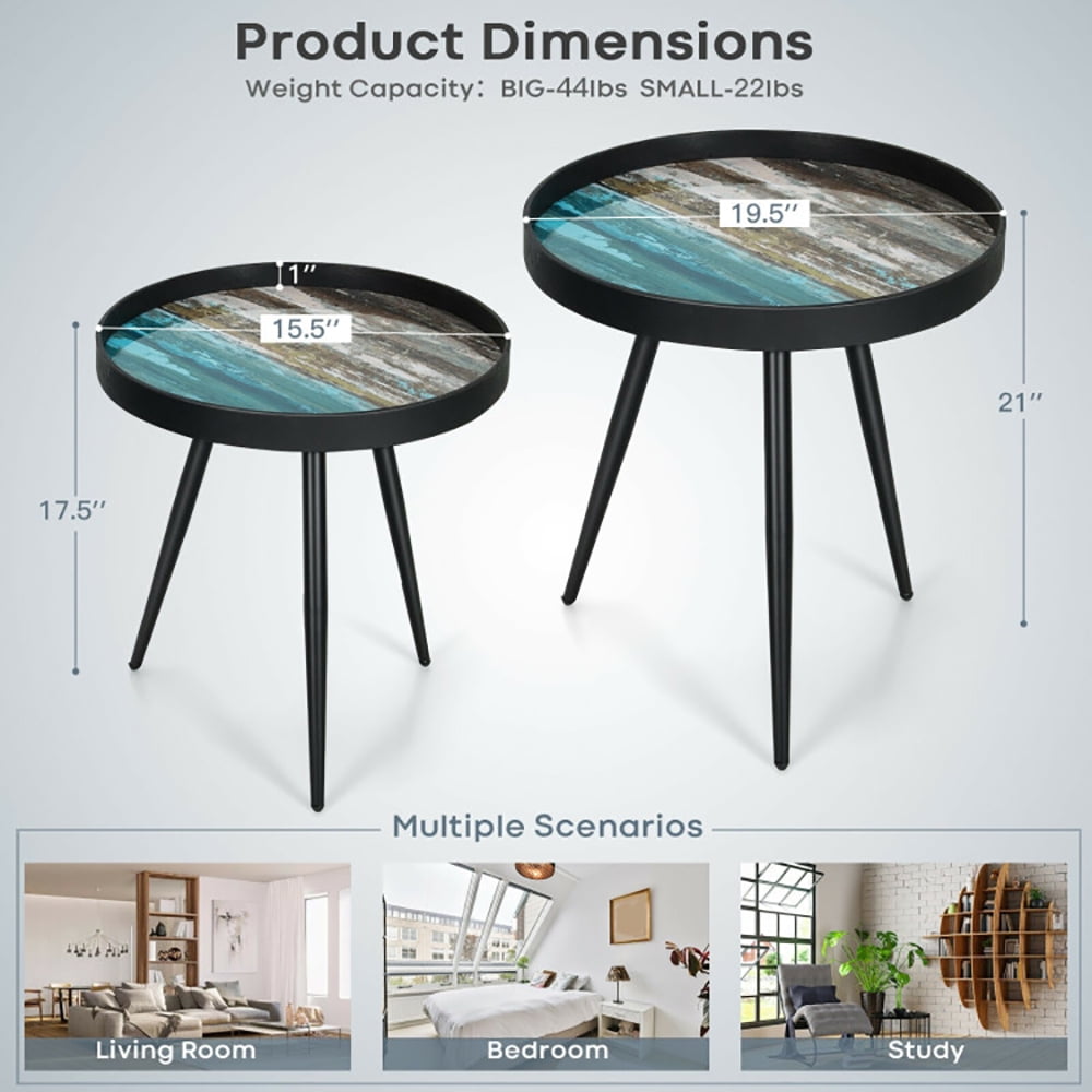 Finihen Round Nesting Coffee Table, Modern Nesting Side Set, Set of 2 Stylish Nesting End Tables with Wooden Tray Top and Steel Legs, for Living Room, Bedroom, Reception Room, Black Finihen Round Nesting Coffee Table, Modern Nesting Side Set, Set of 2 Stylish Nesting End Tables with Wooden Tray Top and Steel Legs, for Living Room, Bedroom, Reception Room, Black