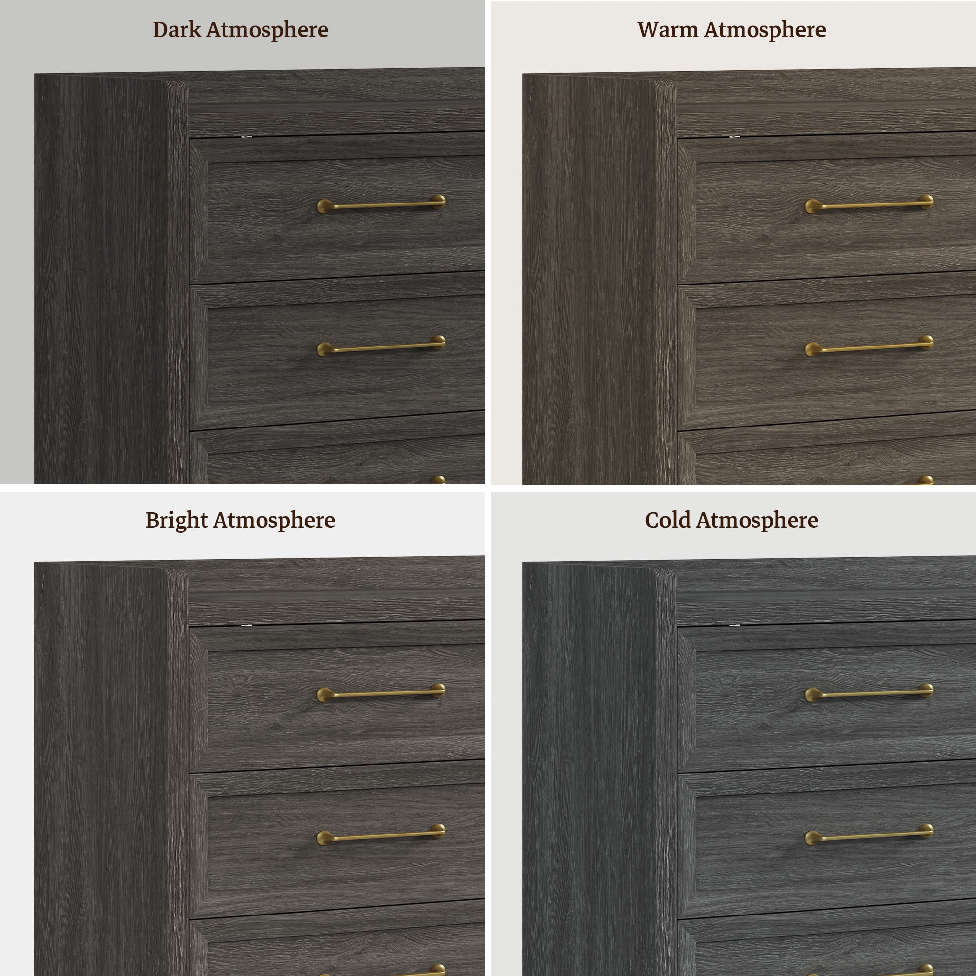SICOTAS 56.4"W Farmhouse 6 Drawer Double Dresser, Long Chest of Drawers with Brass-tone Handles & Rolling Wheels, Wooden Dresser Storage Cabinet for Bedroom Living Room, Grey Oak