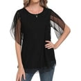 thumbnail image 2 of Aiyino Womens Ruffle 3/4 Sleeve Mesh Blouses Loose Flowy Tops Stretchy Shirts，Black, 2 of 8