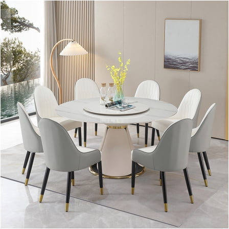 JERFIT Modern 8-Person Sintered Stone Dining Table Set with Lazy Susan, Round Kitchen Table with PU Leather Pedestal and 8 Chairs, Glossy White