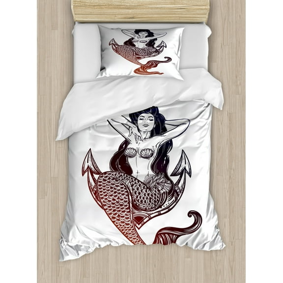 Anchor Twin Size Duvet Cover Set, Sketch Style Mermaid with Seashells and Scales Mythological Creature Design, Decorative 2 Piece Bedding Set with 1 Pillow Sham, Navy Blue and White, by Ambesonne