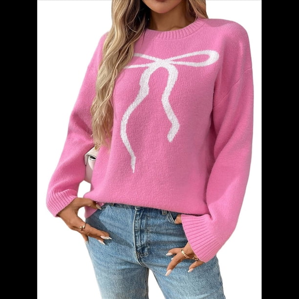 Suéter de Punto con Lazo para Mujer, Estilo Y2K, de Larga y Cuello Redondo, Holgado e Informal. Rosa Roja L