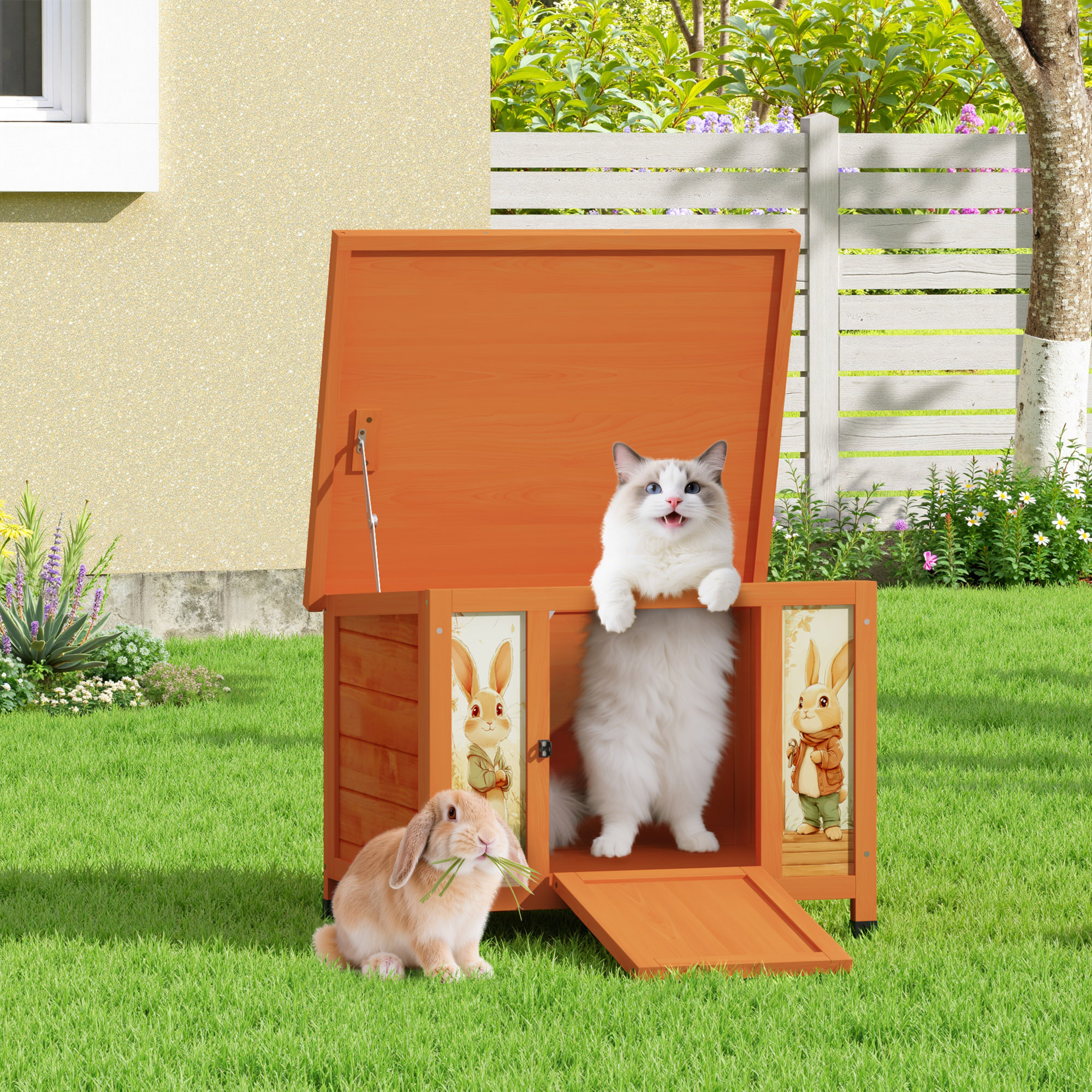 24'' Small Rabbit Hutch Outdoor, Bunny Cage for Small Animal with Weatherproof & Openable Top, Wooden Cat House for Indoor & Outdoor Use