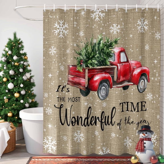 Christmas Red Truck Shower Curtain, 36" x 72", Winter Tree Snowflake Linen Vintage Waterproof Bathroom Curtain Washable Shower Curtain Set with 12 Hooks