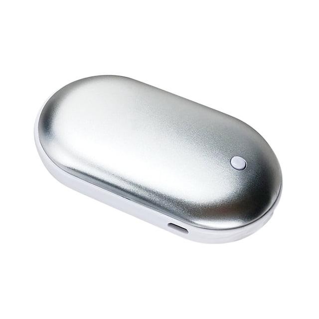 Calentador de manos recargable con banco de energía, 3 niveles de calor, batería de litio de 2400mAh, diseño plateado, ideal para actividades al aire libre en invierno.