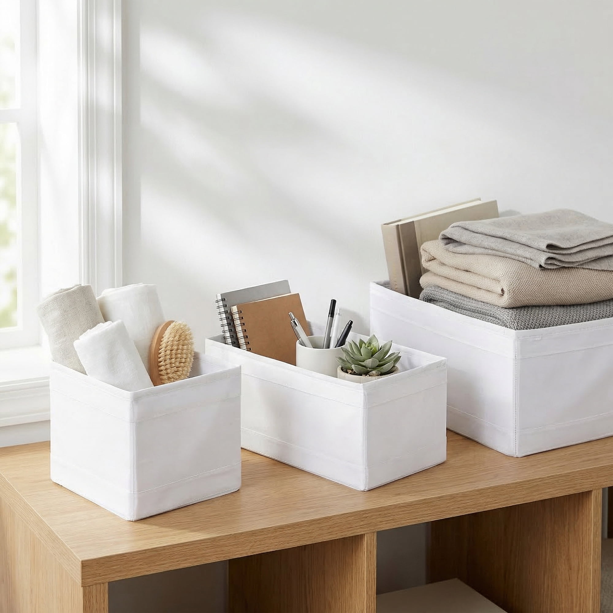 Unique Bargains 3Pcs Fabric Collapsible Storage Basketas with Zipper White 3 Pcs