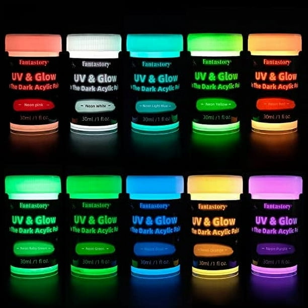 Pintura que Brilla en la Oscuridad, 10 Colores Extra Brillantes de 30 ml, para Decoración de Halloween y Arte.