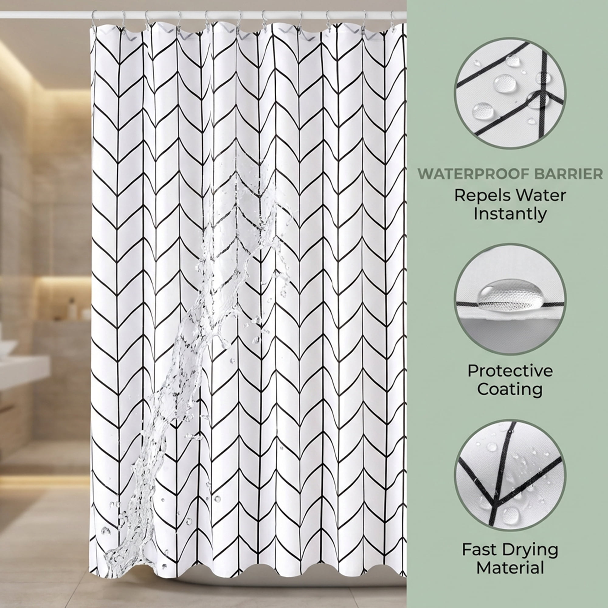 Unique Bargains Waterproof V-Stripe Shower Curtain Sets with 12 Hooks White 71"W x 71"L