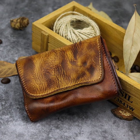 Vegetable tanned cowhide retro style old color card holder buckle simple small wallet genuine leather wallet card holder large capacity