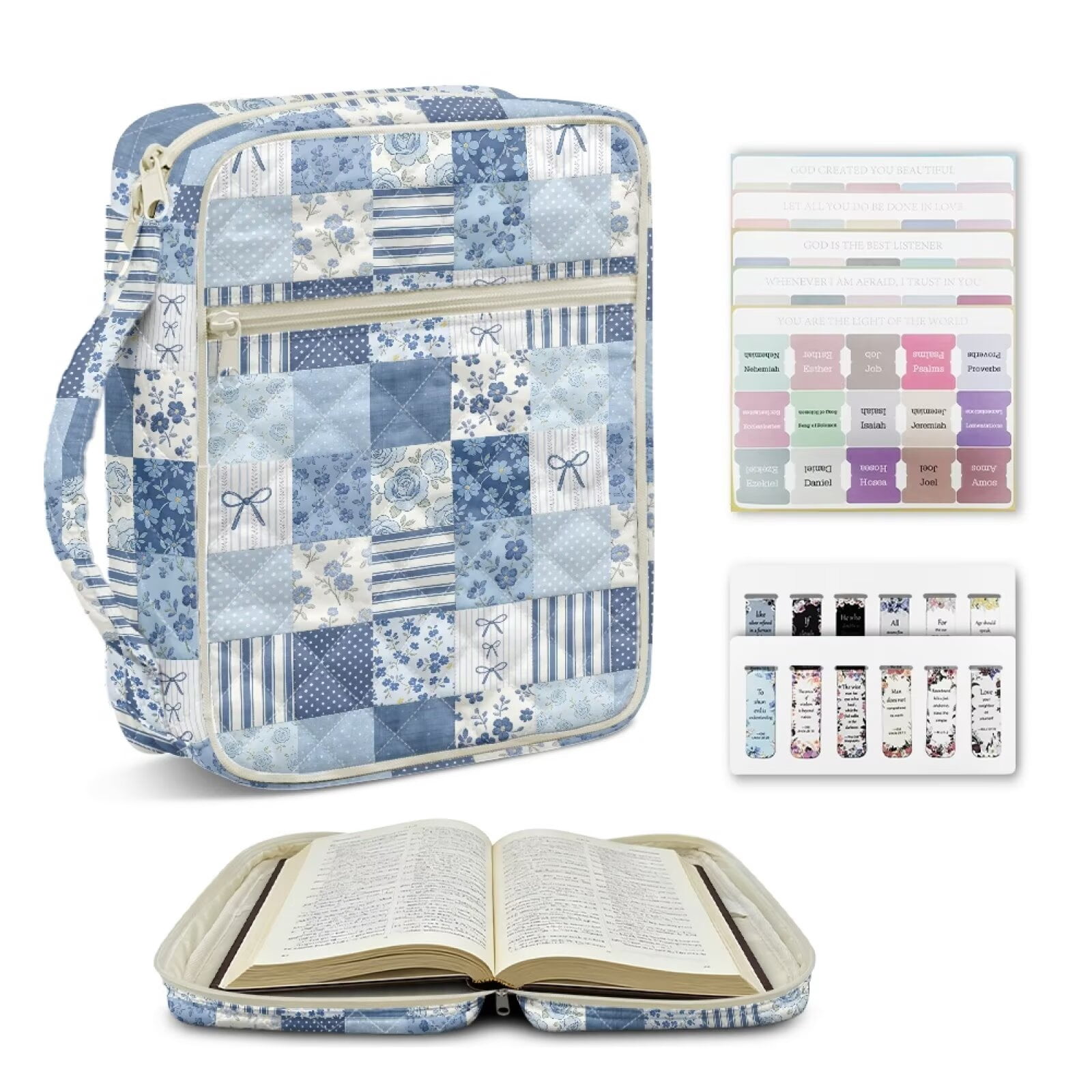 Pzuqiu Spliced Flower Womens Bible Study Supplies includes 75 Bible Tabs & 12 Bookmarks Vintage Scripture Case Church Bag Protective with Handle and Front Pocket Christian Gifts
