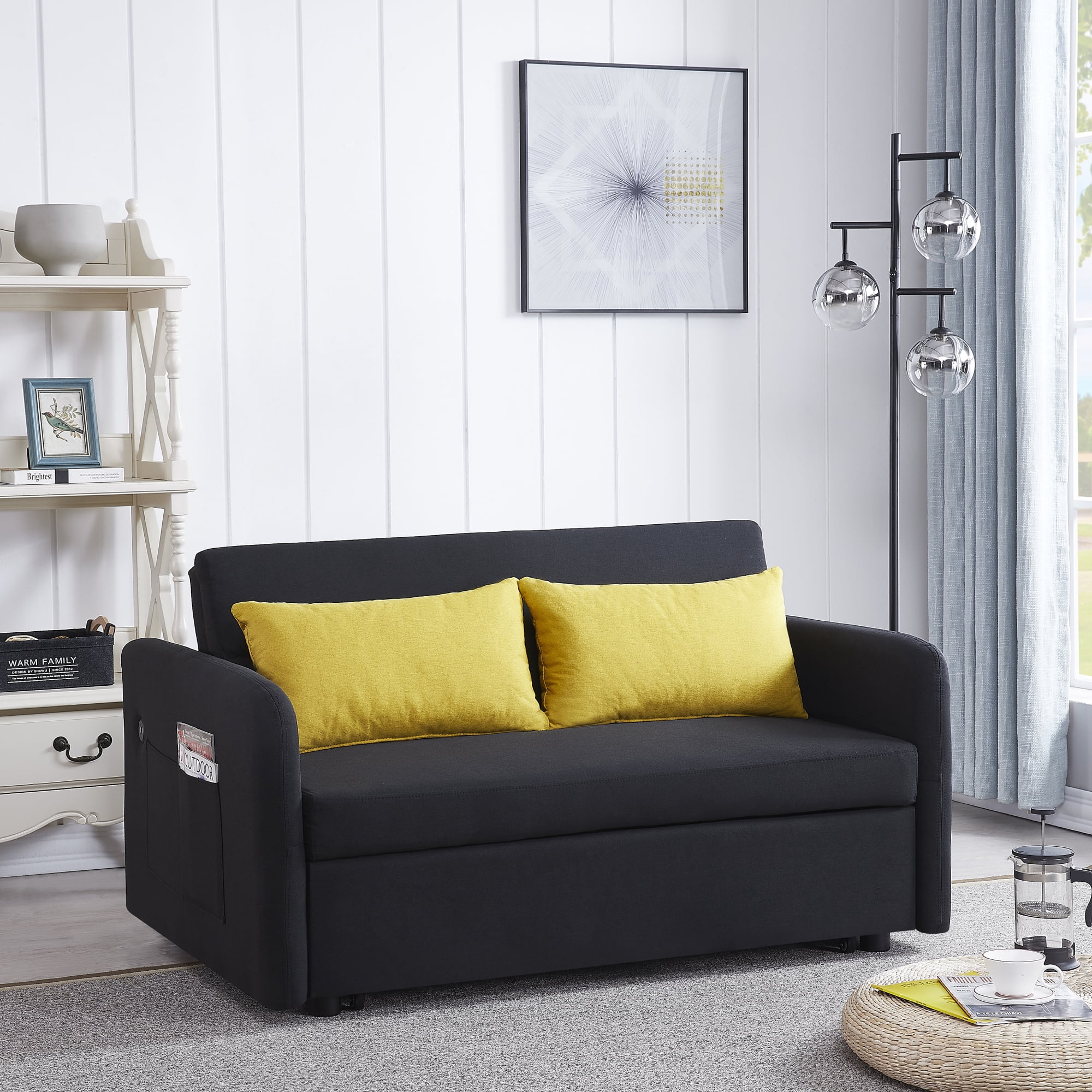 3 in 1 Convertible Sleeper Sofa Bed with Pull Out Bed ,Modern Linen Fabric Upholstered Loveseat Sofa Couch with 2 Pillows and Adjsutable Backrest,Black