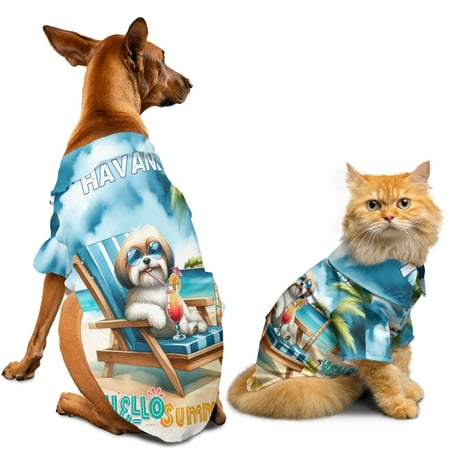 Havanese Hello Summer Beach Theme with Sunglasses and Tropical Cocktail Hawaiian Summer Shirt for Small Medium Large Dog Cat Havanese Dog Lover Gifts Idea - 00009