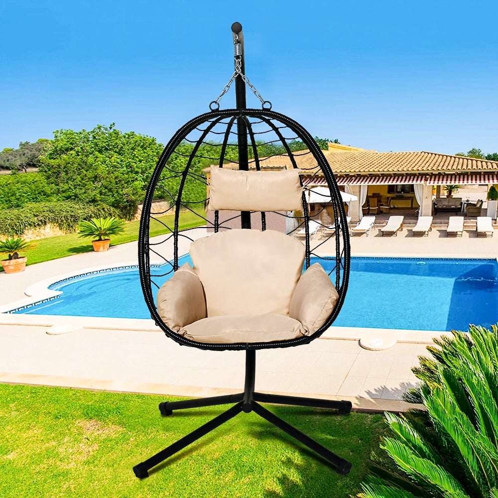 Egg Chair with Stand, Patio Resin Wicker Hanging Egg Chair with Khaki Cushion and Headrest Pillow, Heavy Duty Steel Frame Outdoor Furniture Swing Chair, UV Resistant, Capacity of 264lbs, Q17102