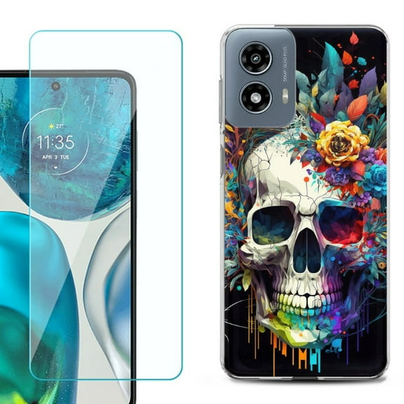 Phone Case for Motorola Moto G 5G 2024, with Tempered Glass Screen Protector, by OneToughShield - Skull Flower