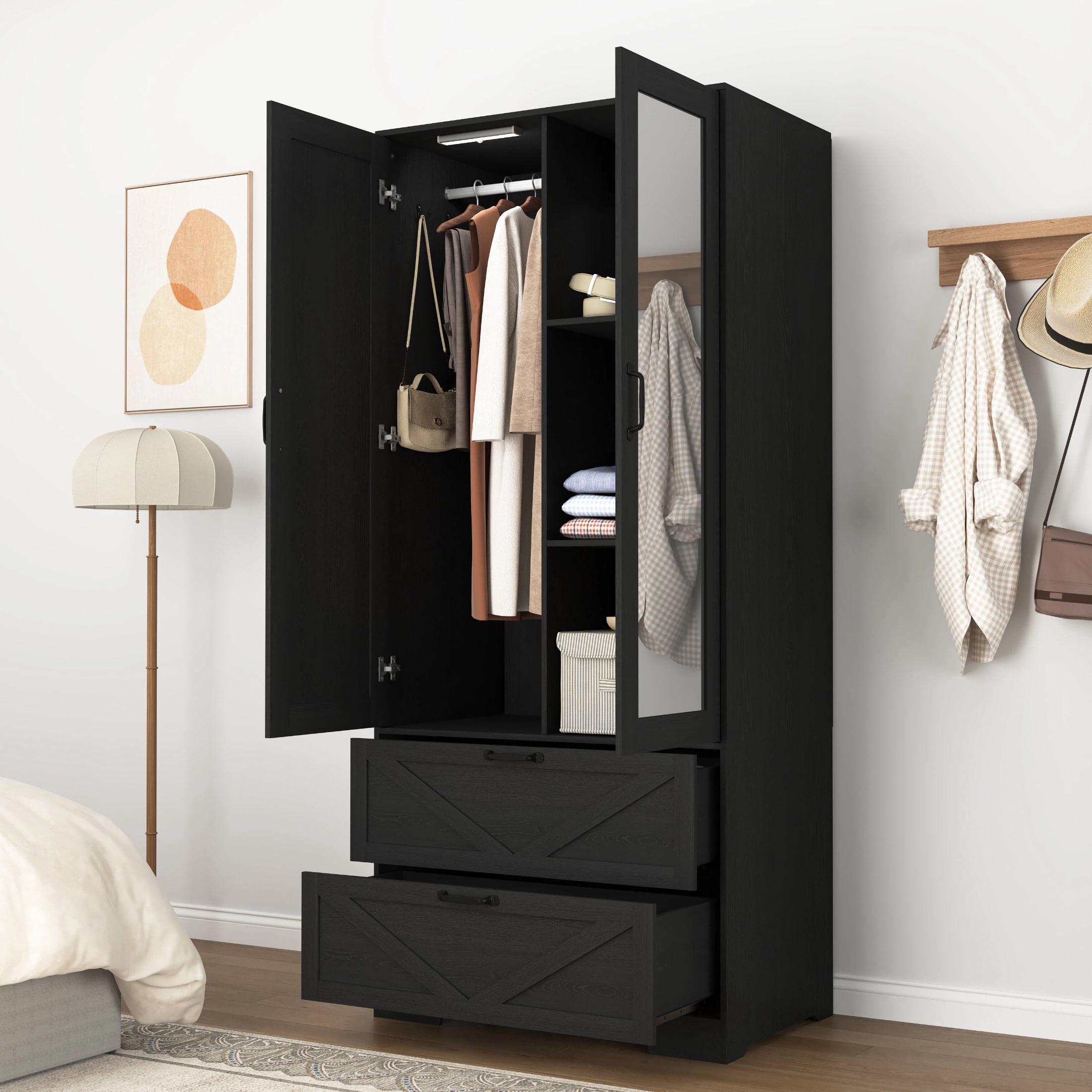 AISWORD 72" Tall Wooden Armoire Closet with Mirror Door, LED Lights, Drawers, Adjustable Shelves & Hanging Rod, Farmhouse Bedroom Storage, Black