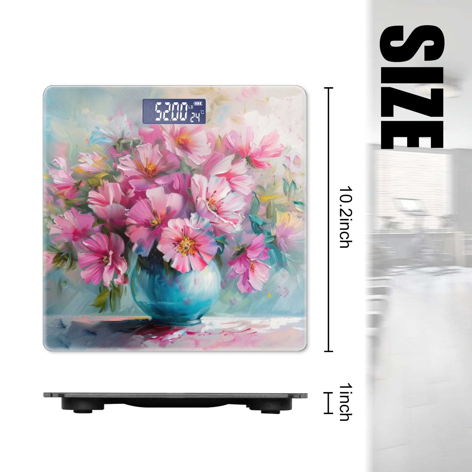 Bathroom Scale, Highly Accurate Digital Body Scale,Precisely Measures Weight up to 400 lbs-Pink And Turquoise Flowers In Vase