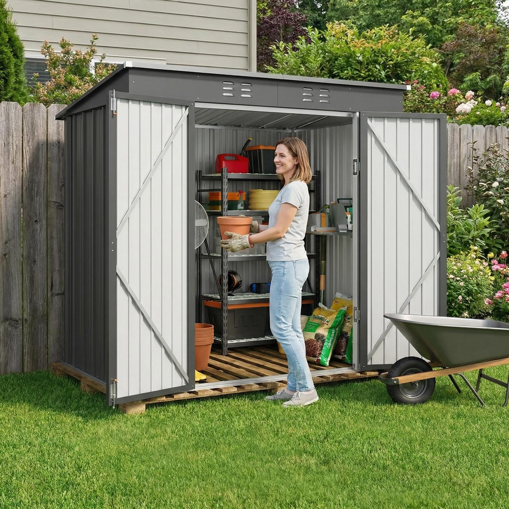 Lofka 6 x 4 FT Metal Outdoor Storage Shed, Double Lockable Doors Tool Shed for Patio Lawn Backyard Gray