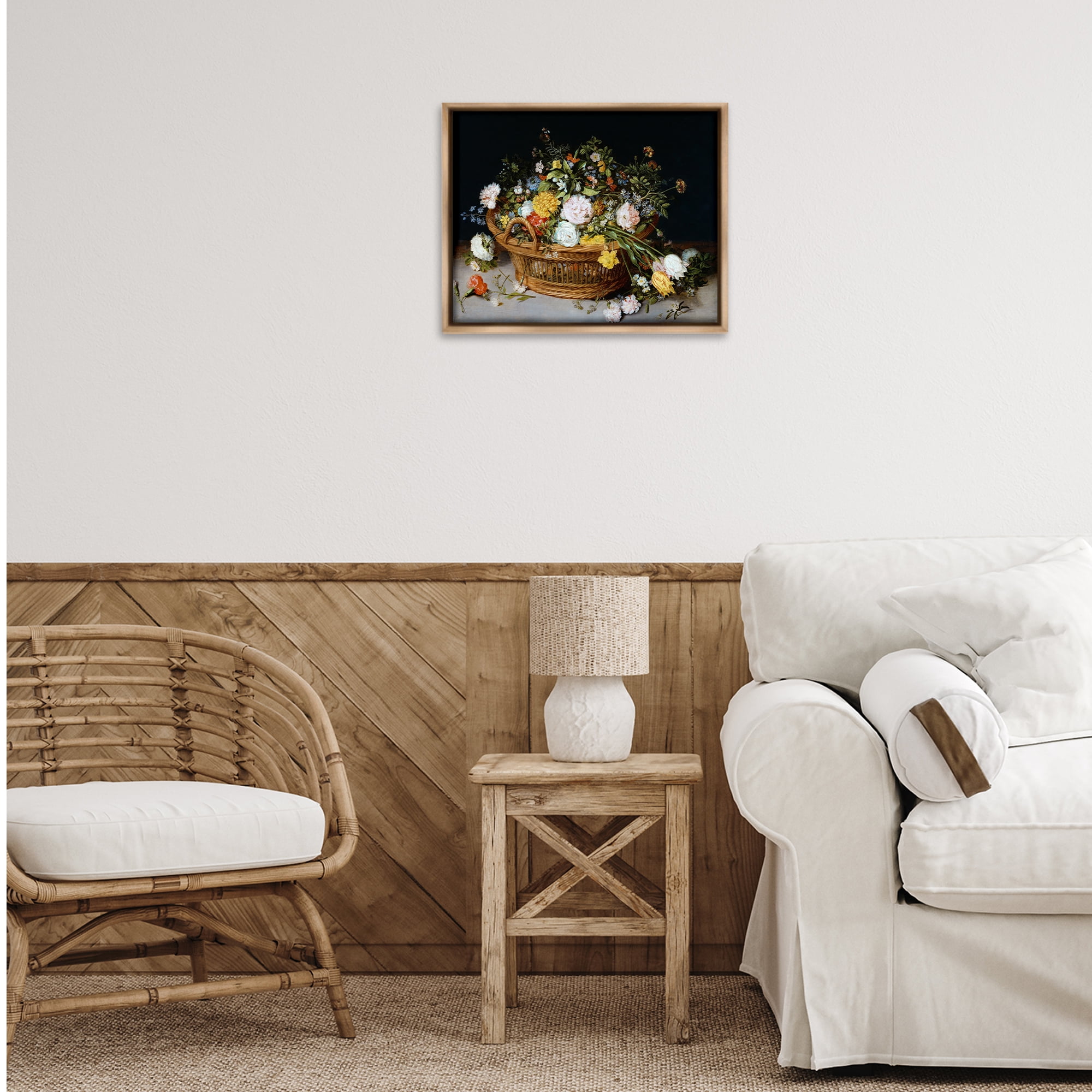 Stupell Industries Vintage Flower Basket Plants & Flowers Painting Brown Floater Framed Canvas Art Print Wall Art, 21 x 17