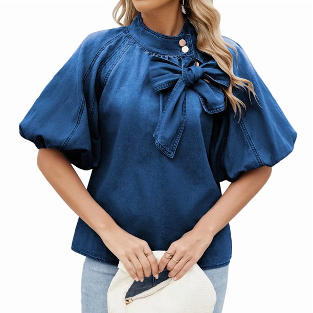 Camisa Vaquera de Cuello Alto con Botones y Lazo para Mujer, Mangas Abullonadas Elásticas, Corte Holgado, Top Corto de Mezclilla. Azul Oscuro XL