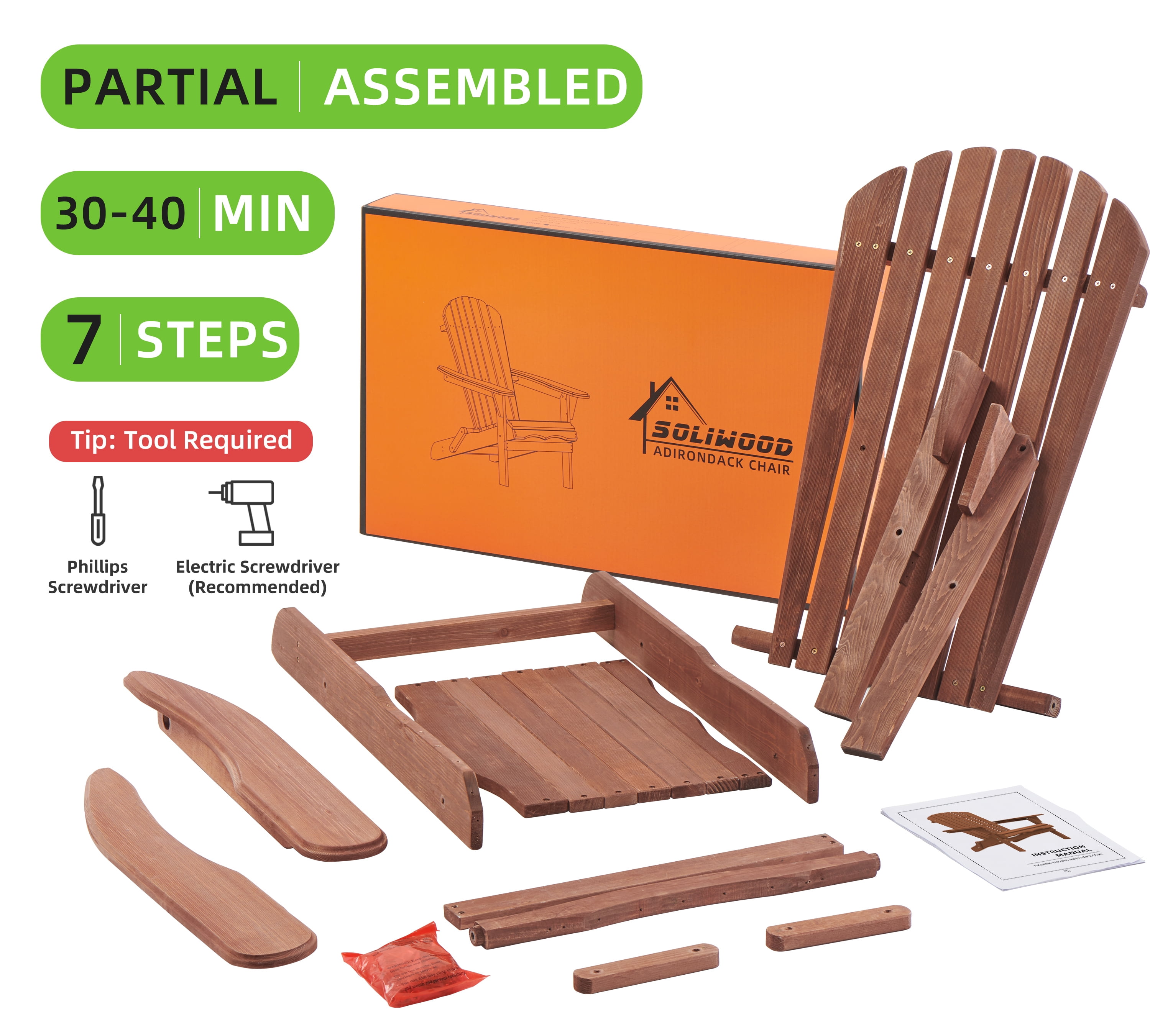 Wooden Folding Adirondack Chair Half Pre-Assembled Wood Lounge Chair Backyard Porch Pool Deck