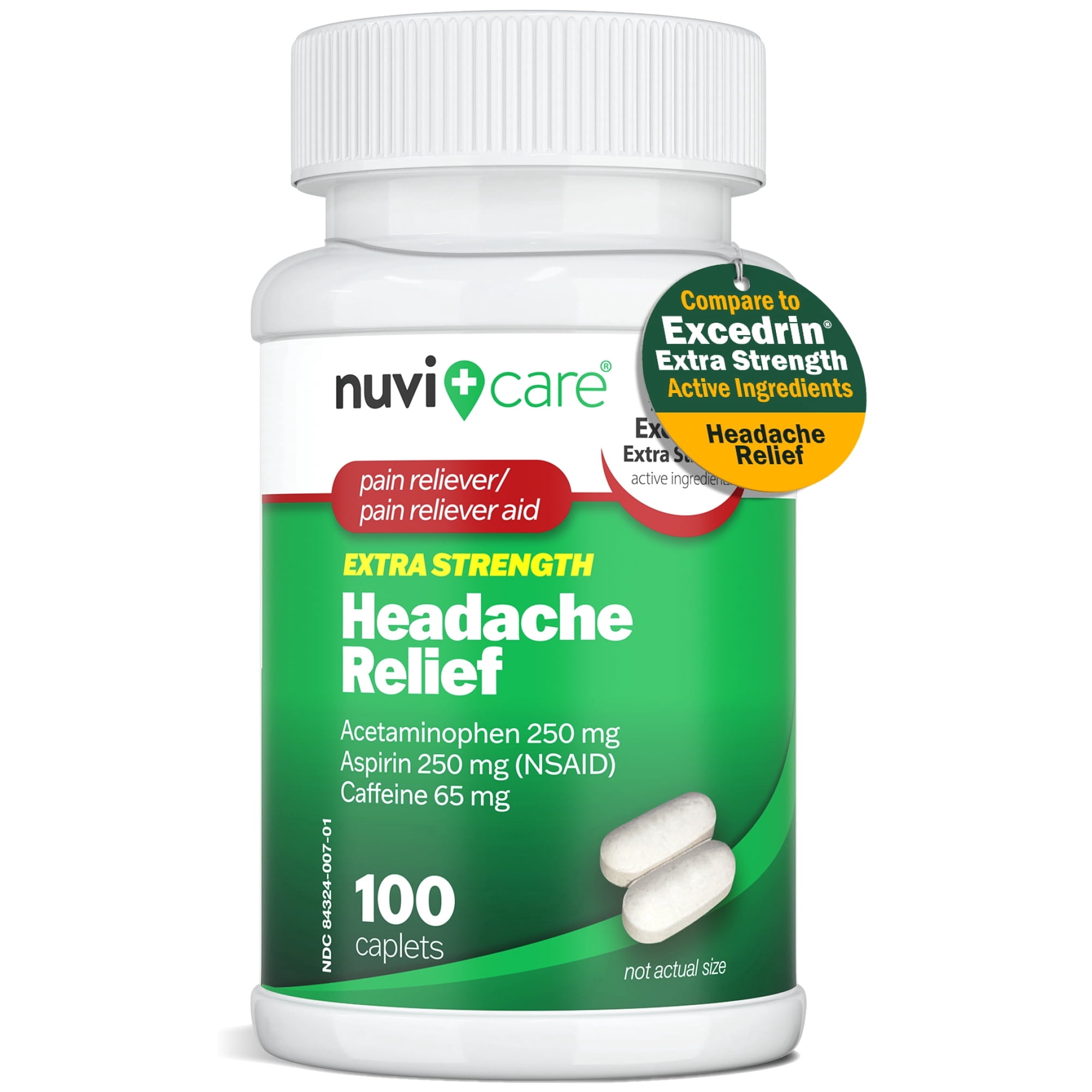 NUVICARE Headache Relief with Acetaminophen 250 mg, Aspirin (NSAID) 250 mg, Caffeine 65 mg - Temporary Relief of Minor Aches & Pains - Compare to Excedrin Extra Strength Pain Reliever (100 Caplets)