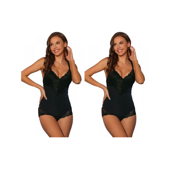 NOMADIC NOOK Lace Shapewear Bodysuit for Women's Adjustable Straps Tummy Control Backless V Neck 2 Packs