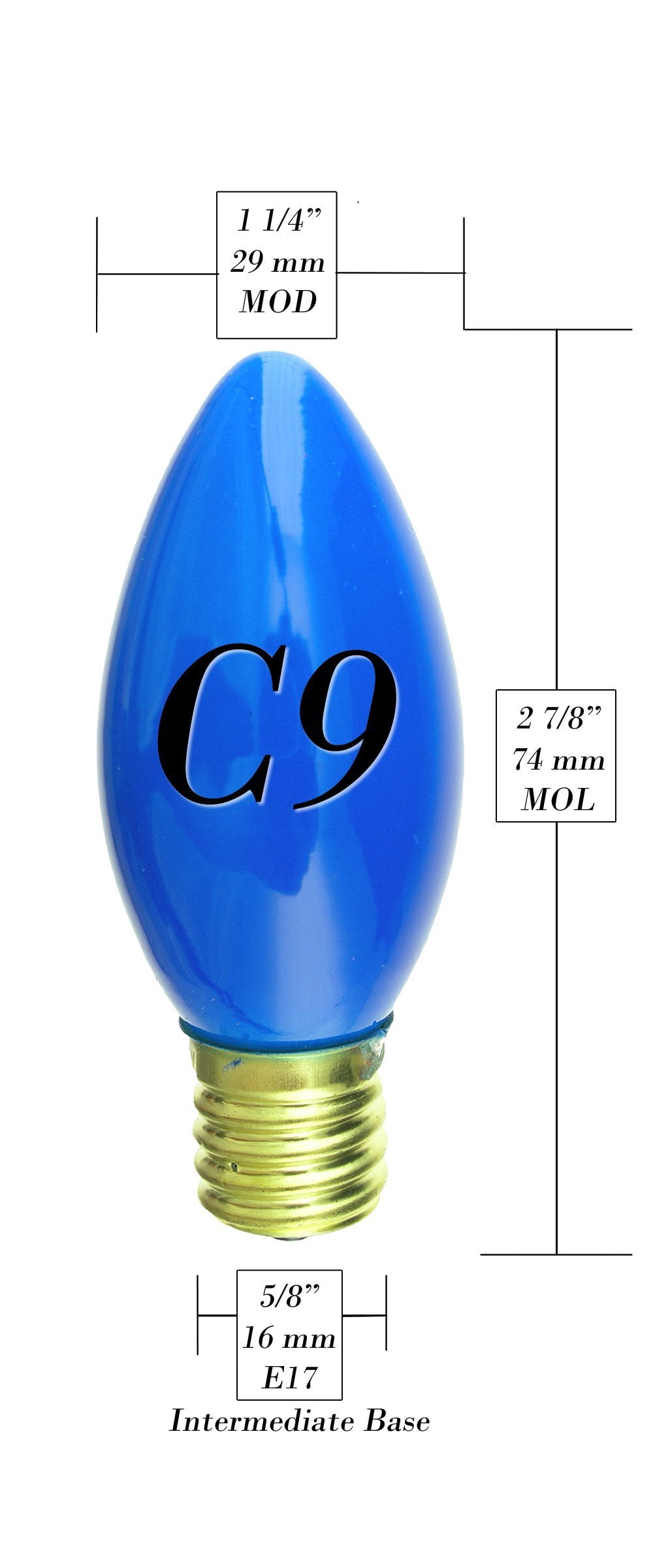 **25 Pack** 7 Watt C9 Ceramic Blue Incandescent Light Bulb, Intermediate Base