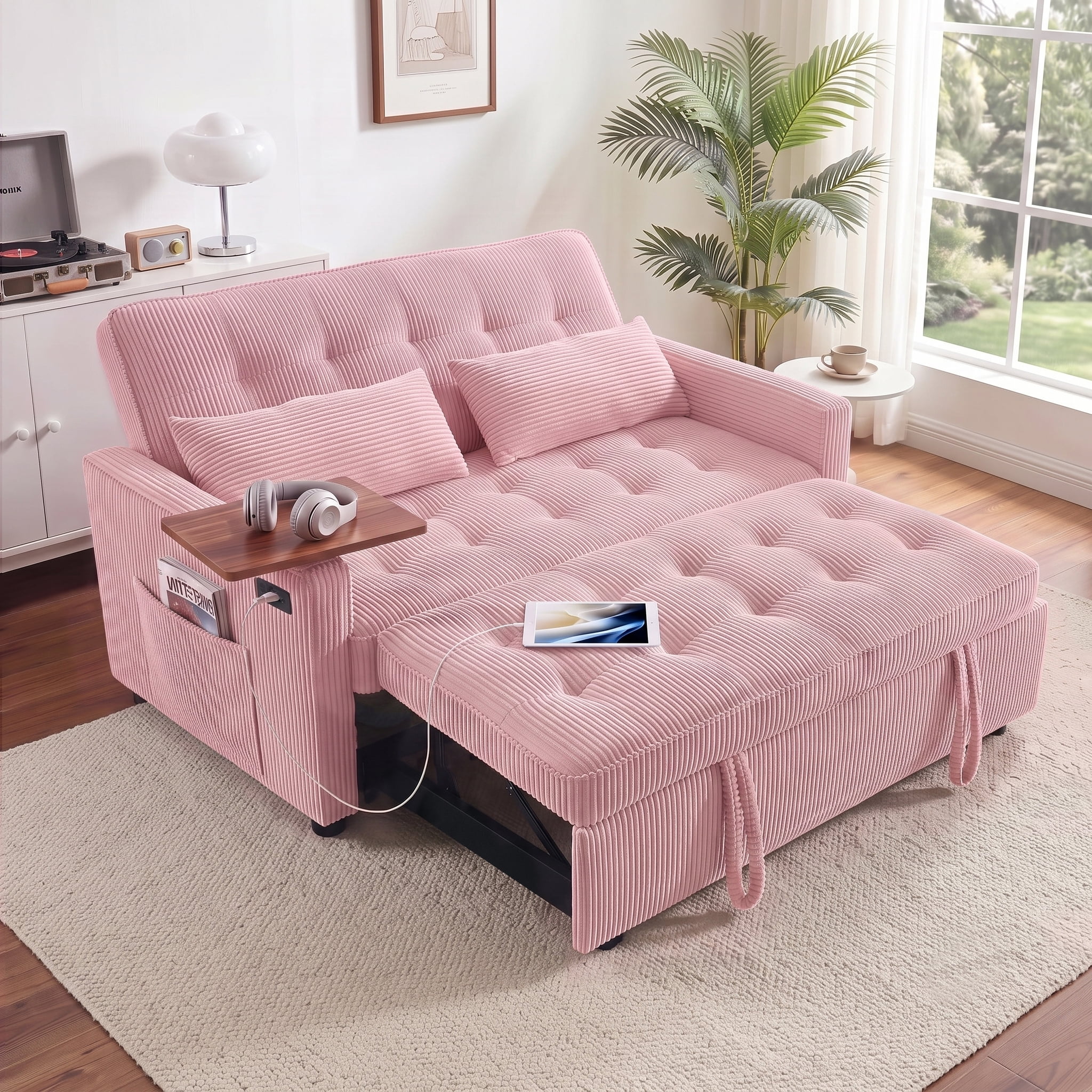 AISWORD 55" 3-in-1 Convertible Sleeper Sofa Bed, Pull Out Loveseat Couch with Side Tray Table & USB Charging Port, Adjustable Backrest Sofa for Apartment, Bedroom, Office, Pink