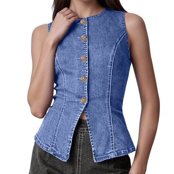 Women's Slim Fitting Long Denim Vest, Button Front Sleeveless Jean Waistcoat Sky Blue S