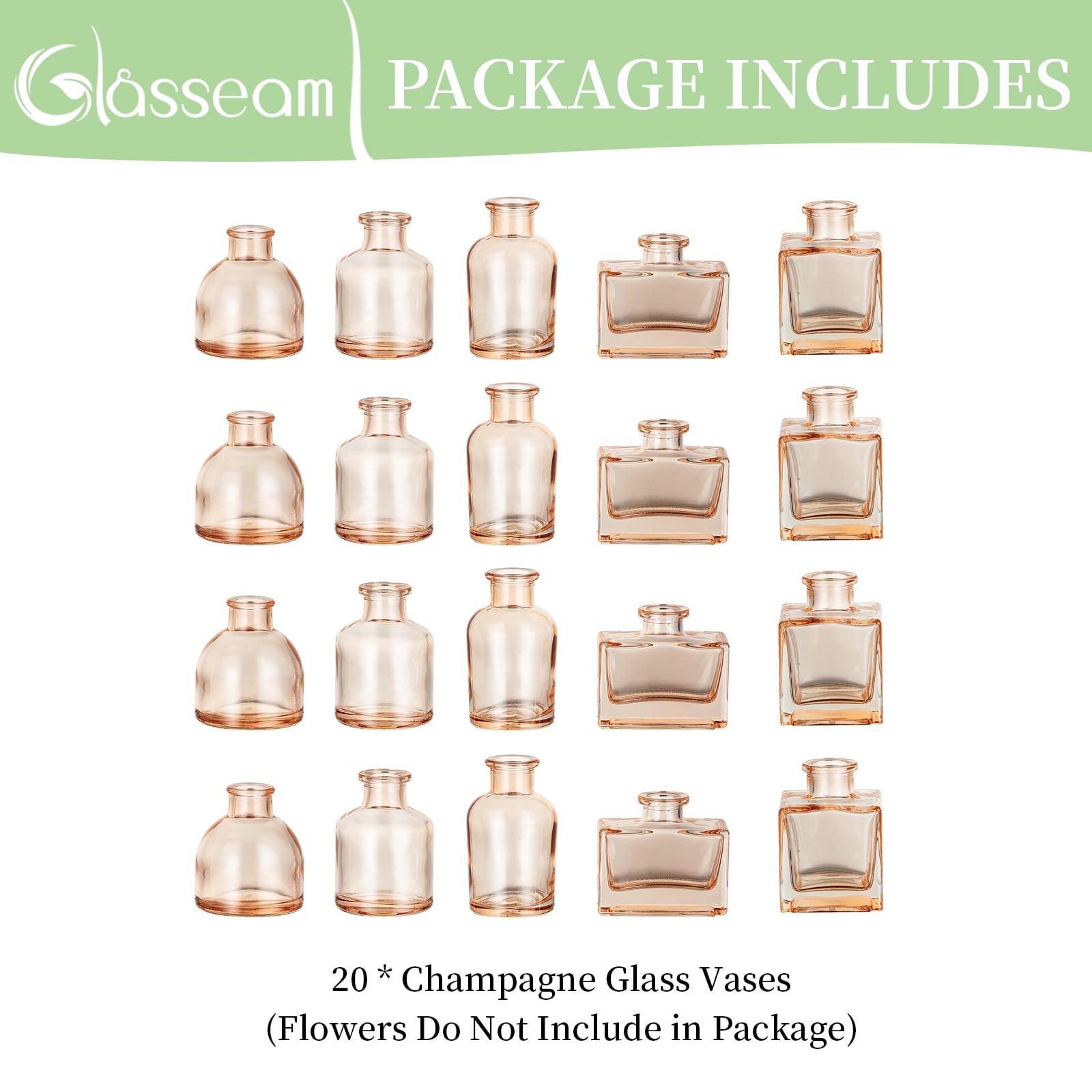 Glasseam Set of 20 Mini Glass Bud Vases: Bulk Small Flower Vases for Centerpieces, Wedding Table Decor, Modern Champagne Vases for Dining Room, Baby Shower Favors
