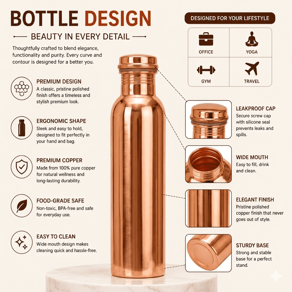 Nirmal Ganga 1 Litre Pure Copper Water Bottle – Joint-Free, Leak-Proof Design with Cleaning Kit Included. pack of 6