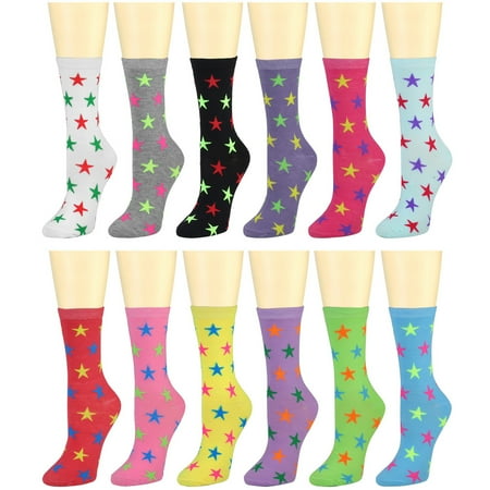 

12 Pairs Women s Crew Socks Fancy Novelty Designed Size 9-11 Multicolor Assorted Stars
