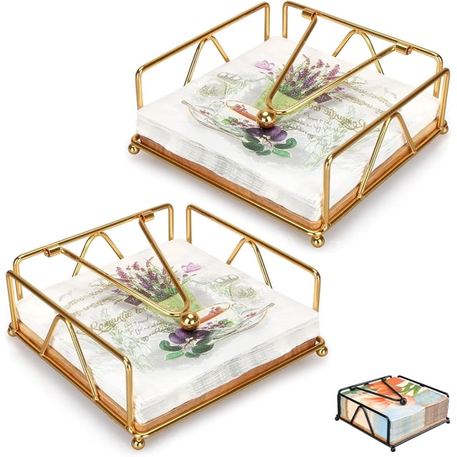 2 PCS Servilletero de mesa, dispensador de servilletas plano con brazo con peso, porta rollos de papel cuadrado de elegante hierro rústico para cocina, comedor, restaurante, hotel (oro)