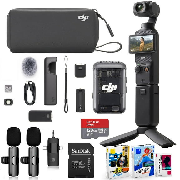 DJI Osmo Pocket 3 Creator Combo Bundle with Clip-On Transmitter/Recorder, Wide Angle Lens, Tripod, Carrying Bag   Wireless Microphone System, 128GB Micro SD Card, Photo/Video Editor Software Package