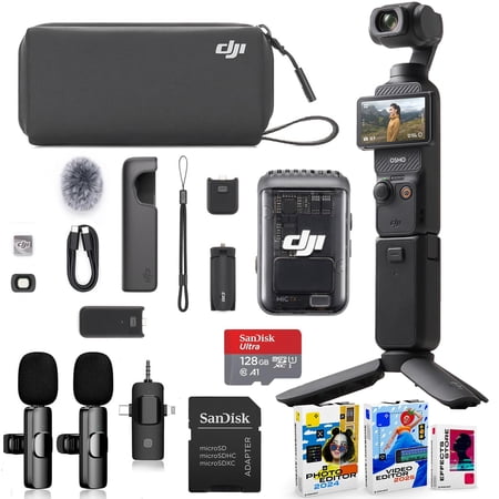 DJI Osmo Pocket 3 Creator Combo Bundle with Clip-On Transmitter/Recorder, Wide Angle Lens, Tripod, Carrying Bag + Wireless Microphone System, 128GB Micro SD Card, Photo/Video Editor Software Package