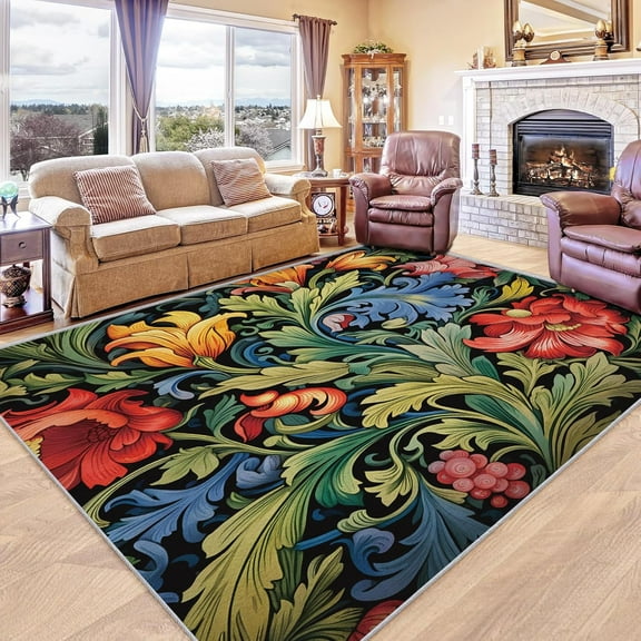 Floral Rug, Washable Tropical Leaf Rugs For Living Room Bedroom, Plant Flower Area Rug For Home Decor, Non Slip Backing Floor Carpet 5x7ft