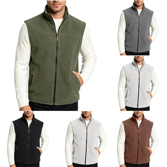 BiZtdJrK Men's Winter Vest Outerwear Fleece Lined Stand Collar Sleeveless Zip Up Jackets Plus Size Solid Color Comfy Warm Vests with Zipper Pockets Brown XXXL