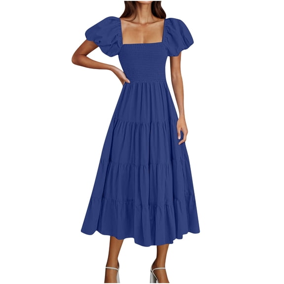 Dresses for Women Puff Sleeve Loose Casual Square Neck Dress Solid Summer Dress