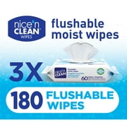 Nice N Clean Plant-Based Flushable Wet Wipes, 3 Flip-Top Packs (180 Total Wipes)