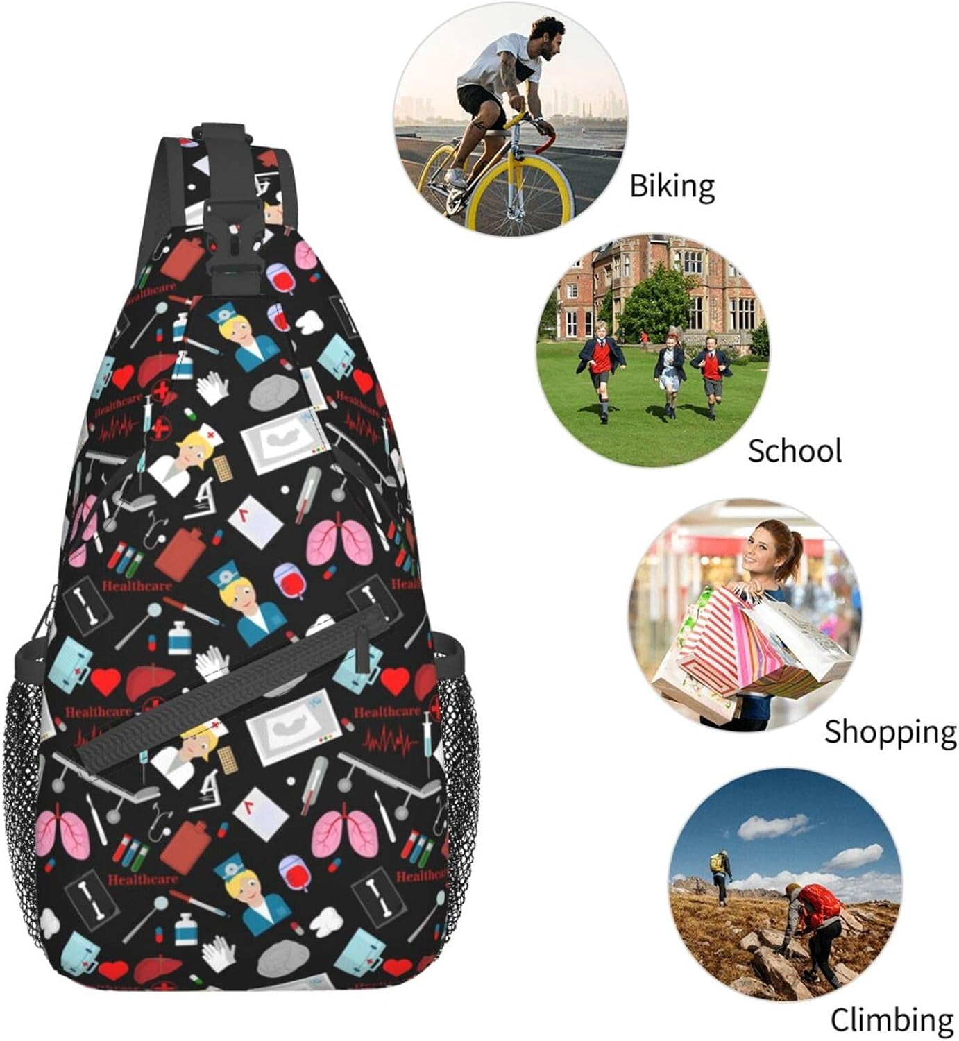 Nurse Medical Theme Sling Bag Crossbody Hiking Travel Chest Bags Backpack Shoulder Daypack for Women Men