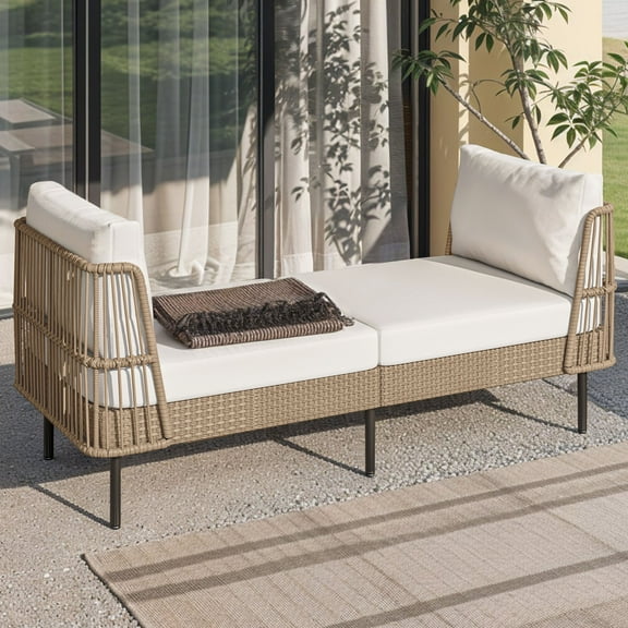 Dextrus 74" Patio Daybed Rattan Lounge Chair Chaise Recliner w/ Cushion & Pillow - Beige