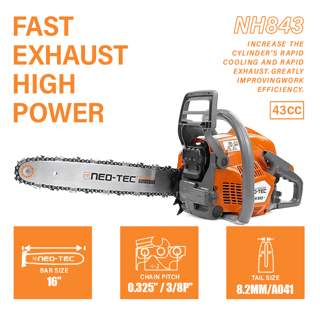 NEOTEC 43cc 2-Cycle Gas Powered Chainsaw with 16" Guide Bar and Chain, Easy Start for Homeowner, Garden and Yard Maintenance