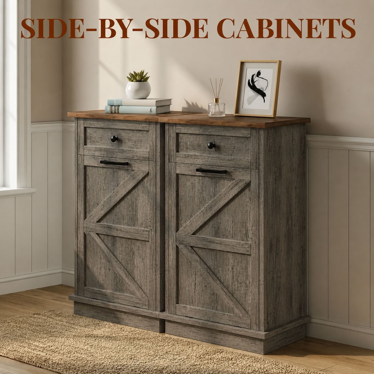 MAYEERTY Farmhouse Storage Cabinet with Drawer, Tilt Out Trash Can Cabinet for 10 Gallon Bin, for Kitchen, Laundry, Living Room, Office