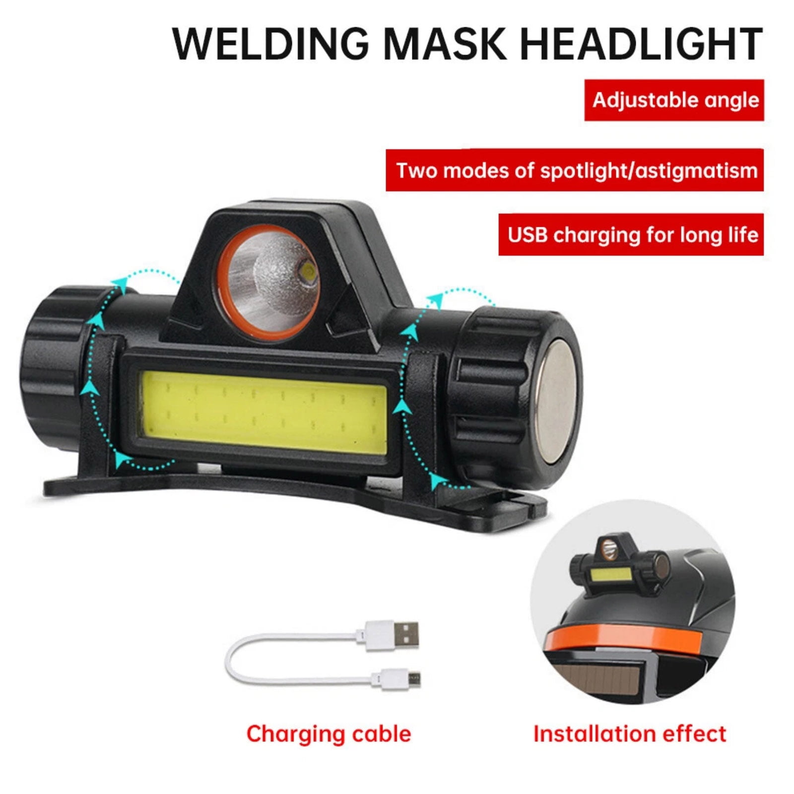 TAPDRA Head Mounted Headlamp 2 Modes Adjustable Headband Ergonomic Design for Welding Work Outdoor Activities USB Rechargeable Black