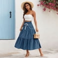thumbnail image 2 of WTOBBY Women's Plain Color Ruffled Casual Long Skirt with Bow Detail, Retro Pleated Big Swing Skirt for Spring, Denim Print Design Loose Fit Half Skirt for Daily Fashion,Light Blue 2XL, 2 of 5