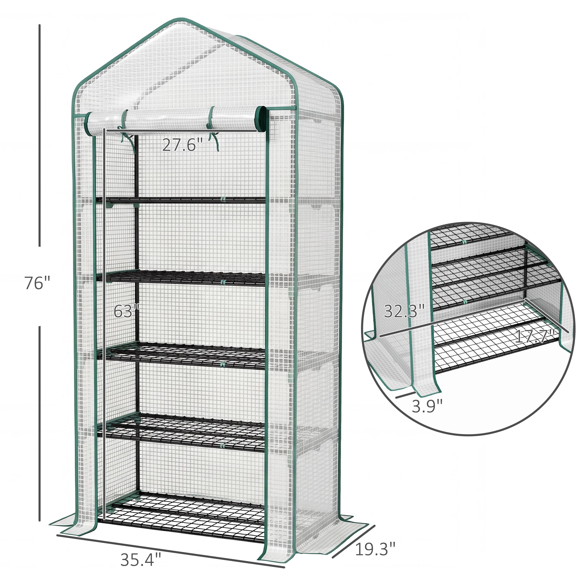Outsunny 5 Tier Mini Greenhouse with Reinforced PE Cover, Small Portable Greenhouse with Roll-Up Zippered Door, White