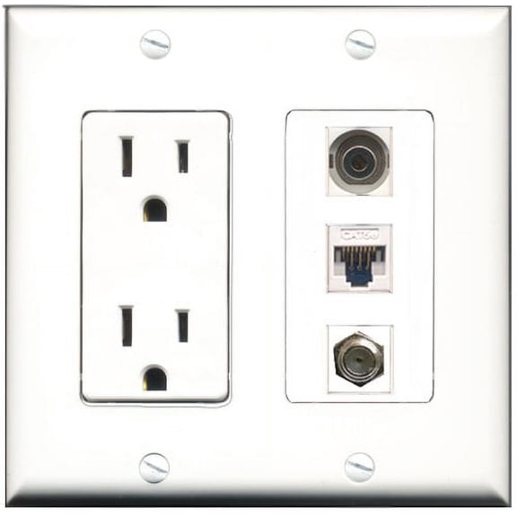 RiteAV - 15 Amp Power Outlet 1 Port Coax 1 Port 3.5mm 1 Port Cat5e Ethernet White Decorative Wall Plate