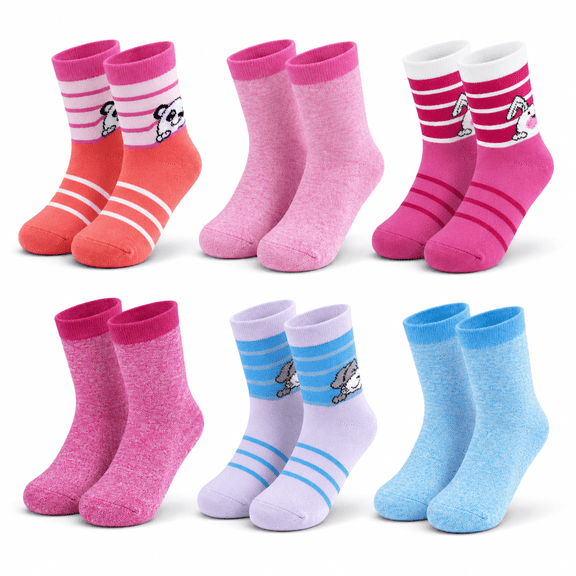 Girls Dream Step Yarn Crew Socks, 6 Pack, Soft Peek A Boo Style Breathable Socks, PINK, S
