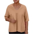 thumbnail image 1 of Savings Clearance! Womens Plus Size Tops,Summer Short Sleeve Blouse Tops for Womens,Women's Solid Color Blouses Raglan Mid Sleeve V-Neck Patchwork Pleated Top, 1 of 5
