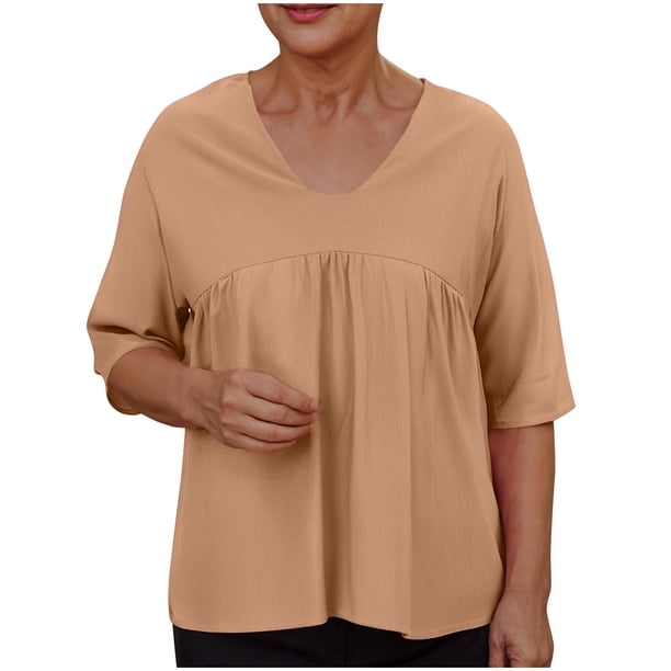 Camisetas de Manga Media para las Mujeres Color Sólido Raglan V-Cuello Patchwork Plisado Top, Nylon Spandex